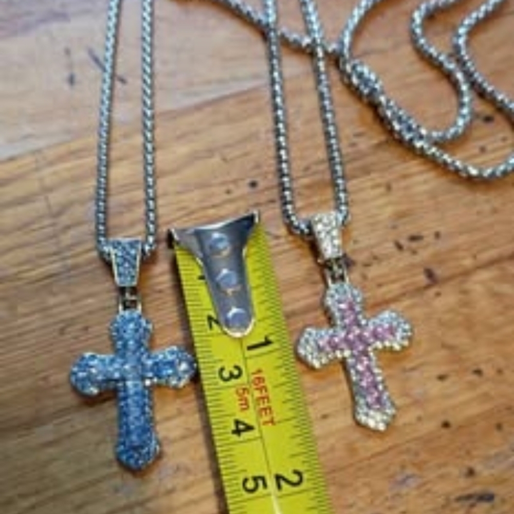 Elegant Silver and Pink Cross Necklace Set